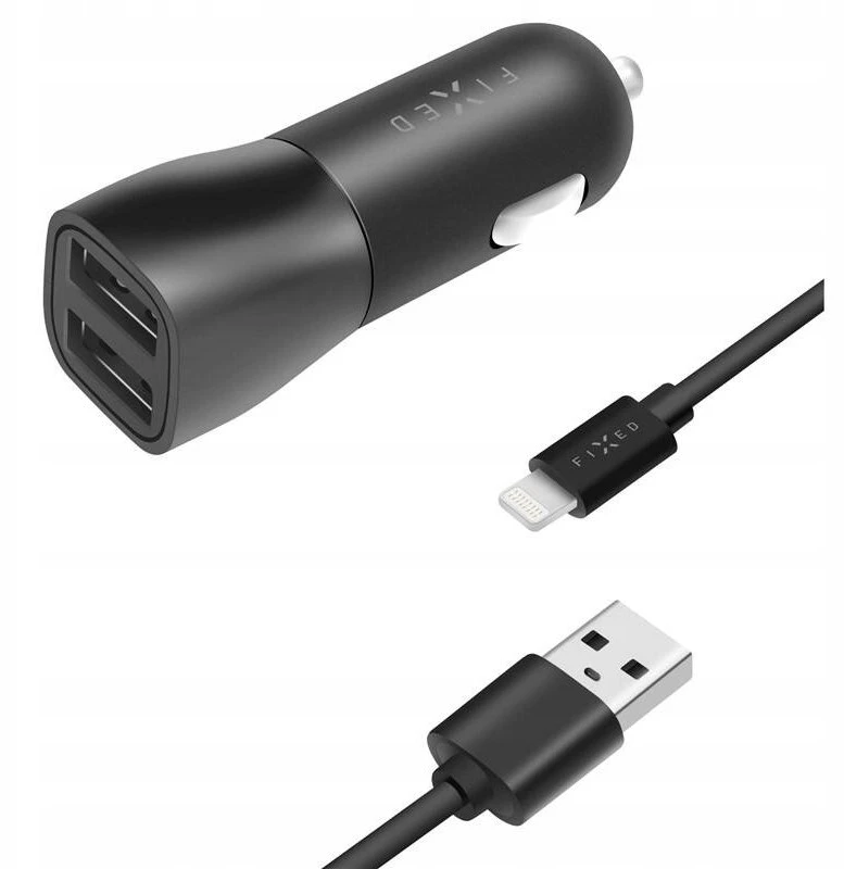 Įkroviklis Fiksuotas Rinkinys automobilinis įkroviklis FIXED su 2xUSB išvestimis ir USB/Lightning laidu, 1 metras, MFI, 15W išmanusis greitasis įkrovimas, juodas