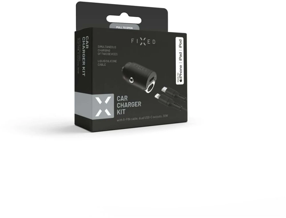 Fixed Fiksuotas USB-C 30W + kabelis USB-C/Lightning, juodas