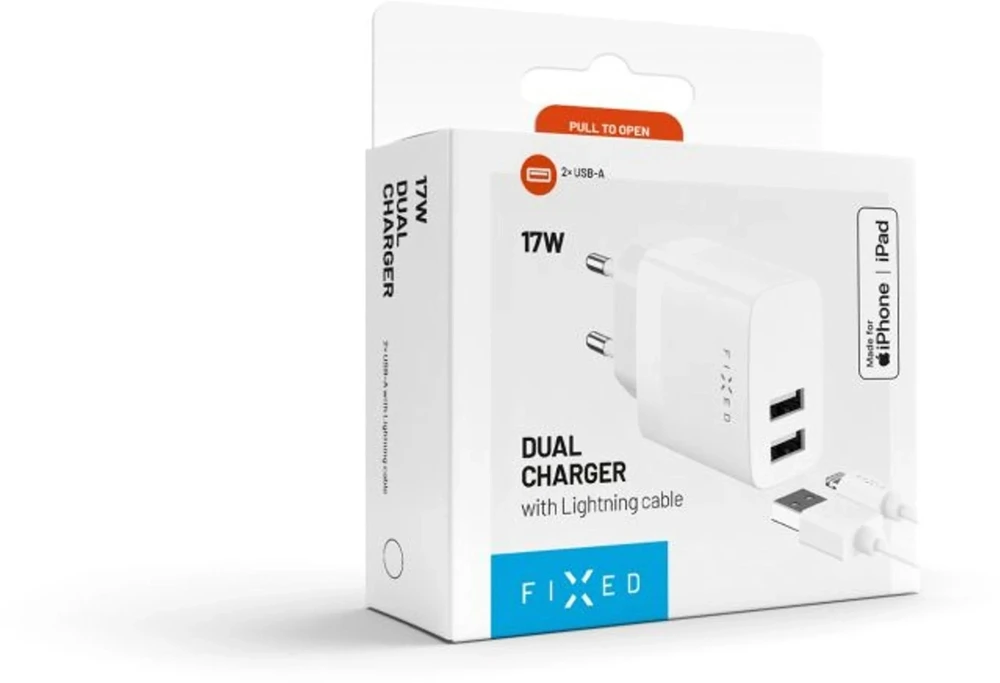Fixed Fiksuotas USB 17W + kabelis USB/Lightning, baltas