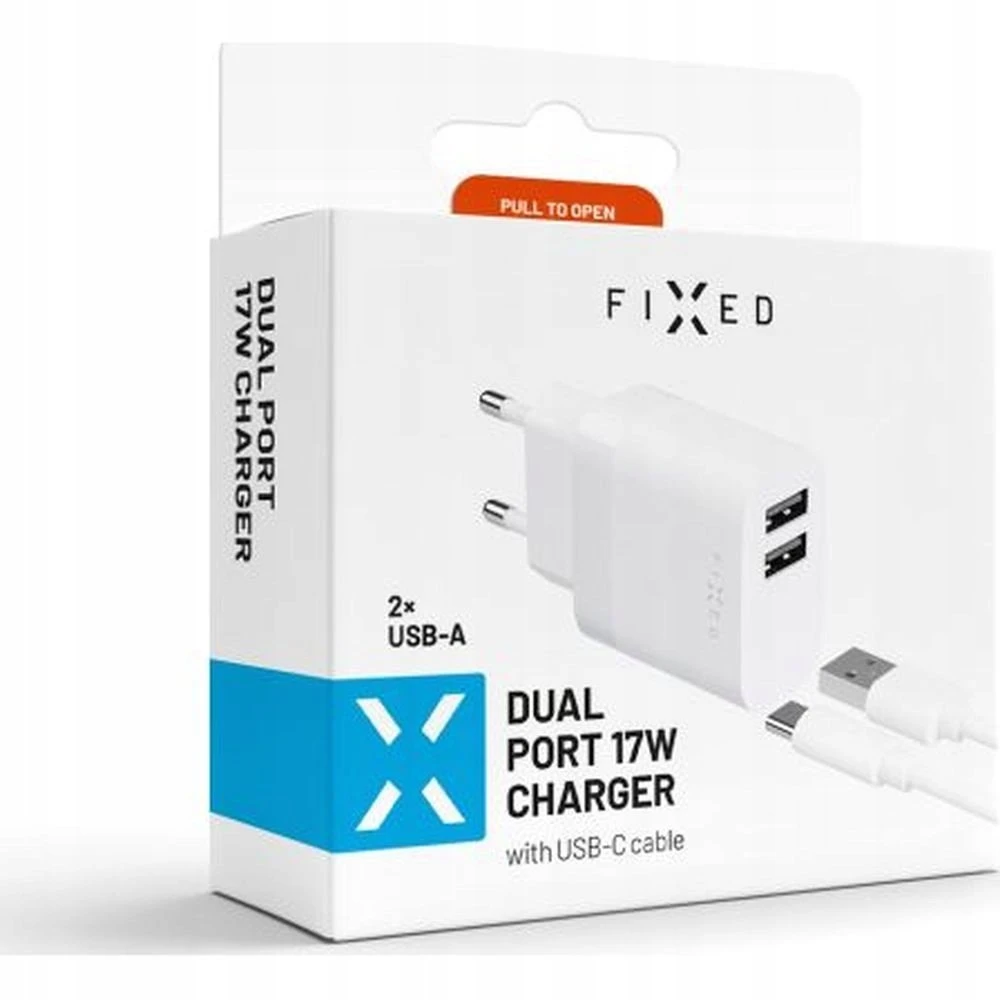 Fixed Fiksuotas | Dvigubas USB kelioninis įkroviklis 17 W ir USB/USB-C laidas | FIXC17N-2UC-WH