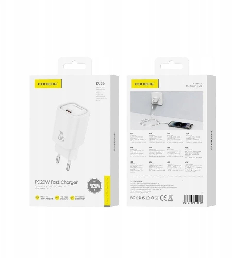 FONENG sieninis įkroviklis EU69 PD 20W 1xUSB-C Baltas