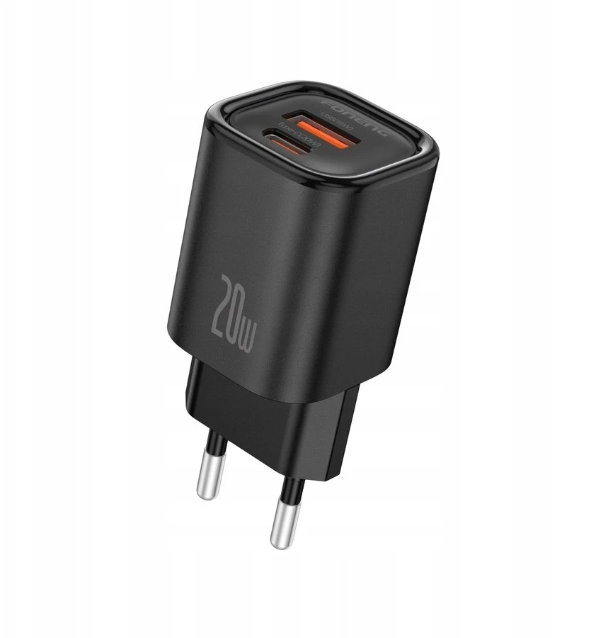 FONENG sieninis įkroviklis EU70 PD 20W 1xUSB-C + 1xUSB QC3.0 Juodas