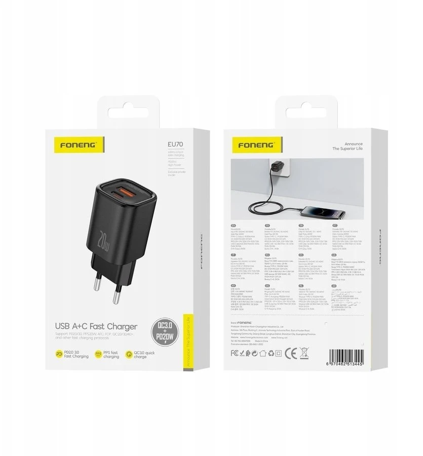 FONENG sieninis įkroviklis EU70 PD 20W 1xUSB-C + 1xUSB QC3.0 Juodas