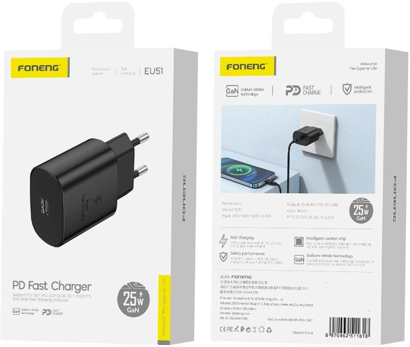 Foneng EU51 USB-C 25W tinklo įkroviklis (juodas)