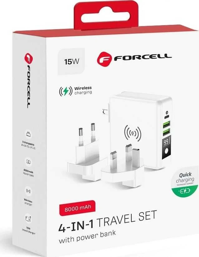 Daugiafunkcis įkroviklis Forcell F-Energy 4in1 2 x USB A + USB C 15W + išorinė baterija 8000mAh + belaidis įkrovimas baltas