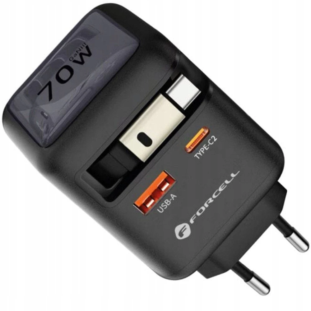 Telefono įkroviklis Forcell F-Energy GaN USB C + USB A + ištraukiamas laidas USB C PD QC4.0 3A 70W VT-R7 pilka