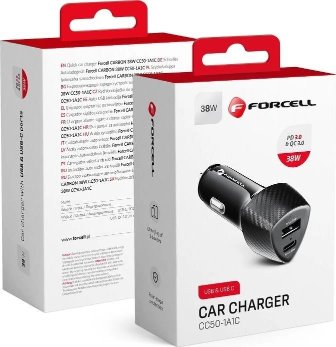 Automobilinis įkroviklis Forcell F-Energy Carbon USB C + USB A QC3.0 PD 3A 38W CC50-1A1C juodas