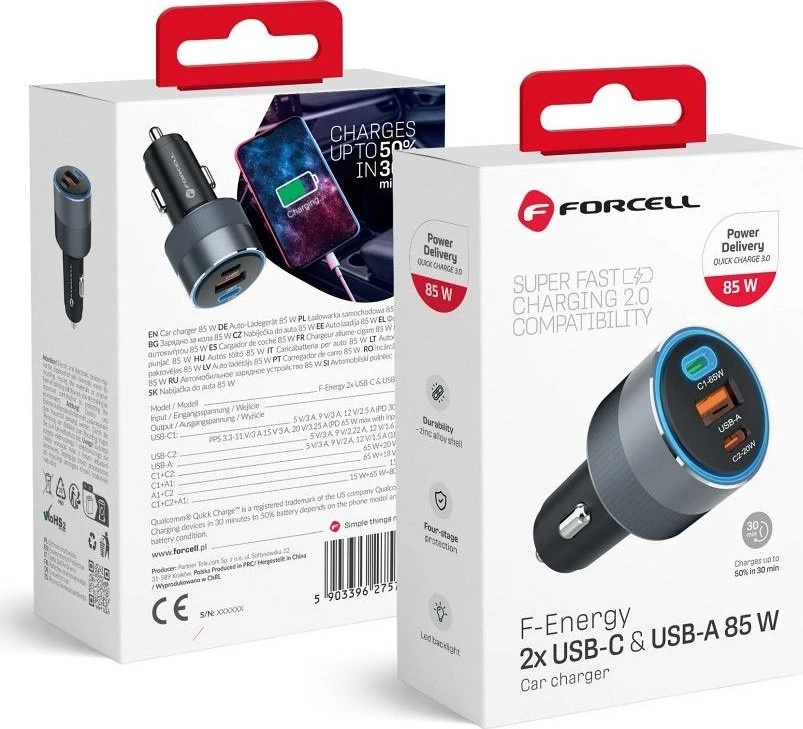 Automobilinis įkroviklis Forcell F-Energy Alu 2 x USB C + USB A QC4.0 PD SFC2.0 3A 85W pilka