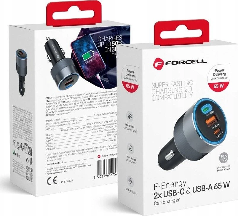 Automobilinis įkroviklis Forcell F-Energy Alu 2 x USB C + USB A QC4.0 PD SFC2.0 4,5A 65W pilka