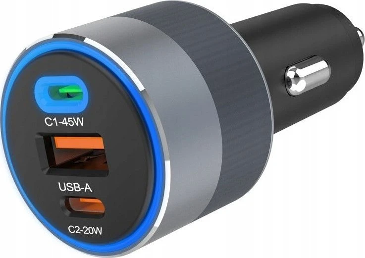 Automobilinis įkroviklis Forcell F-Energy Alu 2 x USB C + USB A QC4.0 PD SFC2.0 4,5A 65W pilka