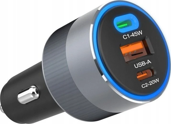 Automobilinis įkroviklis Forcell F-Energy Alu 2 x USB C + USB A QC4.0 PD SFC2.0 4,5A 65W pilka