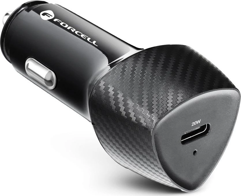 Automobilinis įkroviklis Forcell F-Energy Carbon USB C QC3.0 PD 3A 20W + laidas USB C - Lightning CC50-1C juodas