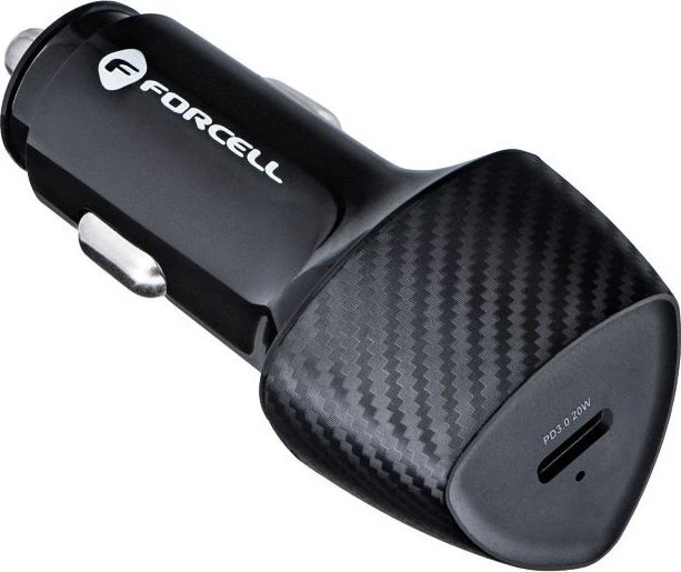 Automobilinis įkroviklis Forcell F-Energy Carbon USB C QC3.0 PD 3A 20W + laidas USB C į USB C CC50-1C juodas
