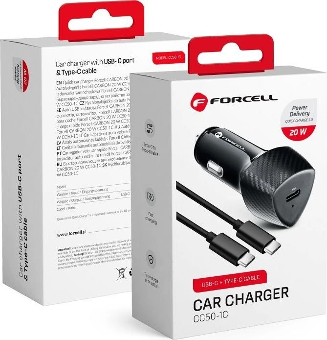 Automobilinis įkroviklis Forcell F-Energy Carbon USB C QC3.0 PD 3A 20W + laidas USB C į USB C CC50-1C juodas