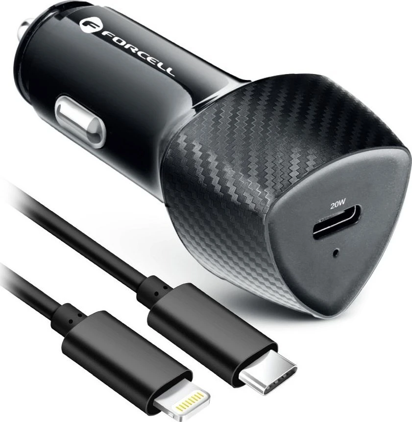 Automobilinis įkroviklis Forcell F-Energy Carbon USB C QC3.0 PD 3A 20W + laidas USB C - Lightning CC50-1C juodas