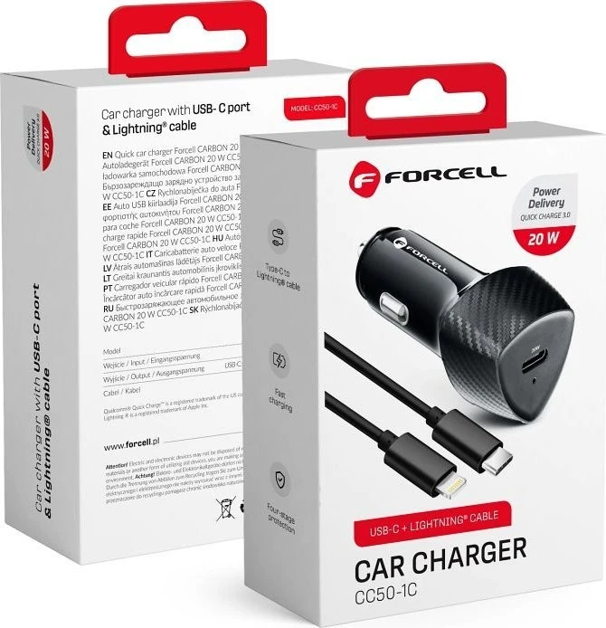Automobilinis įkroviklis Forcell F-Energy Carbon USB C QC3.0 PD 3A 20W + laidas USB C - Lightning CC50-1C juodas
