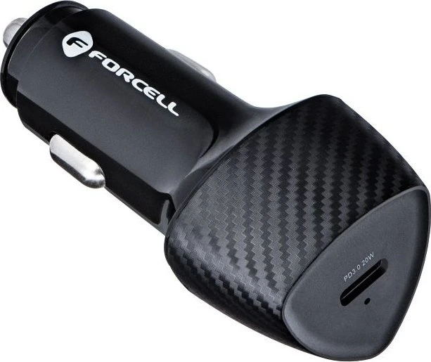 Automobilinis įkroviklis Forcell F-Energy Carbon USB C QC3.0 PD 3A 20W + laidas USB C - Lightning CC50-1C juodas