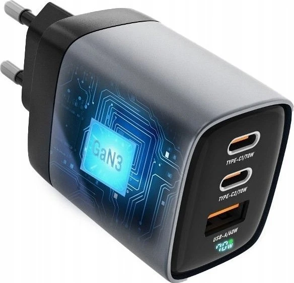 Telefono įkroviklis Forcell F-Energy GaN III 2 x USB C + USB A QC4.0 3,45A PD 70W SAM SFC2.0 su LCD ekranu VT-37 pilka