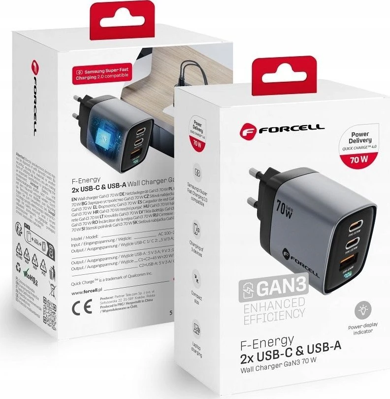Telefono įkroviklis Forcell F-Energy GaN III 2 x USB C + USB A QC4.0 3,45A PD 70W SAM SFC2.0 su LCD ekranu VT-37 pilka