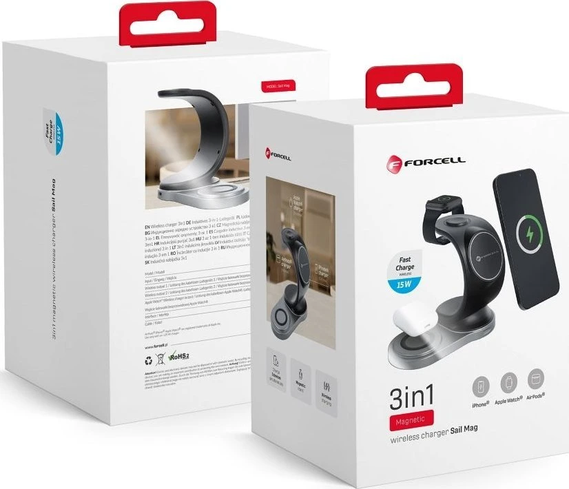 Belaidis įkroviklis Forcell 3in1 (MagSafe) (Phone; Pods; Watch) 15W juodas