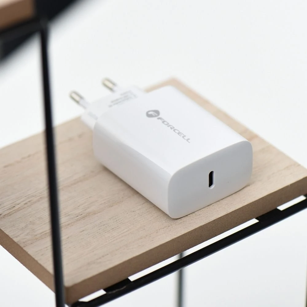 Įkroviklis Forcell + "USB-C (Type-C) to USB-C (Type-C)" (1xUSB-C 3A 25W) baltas