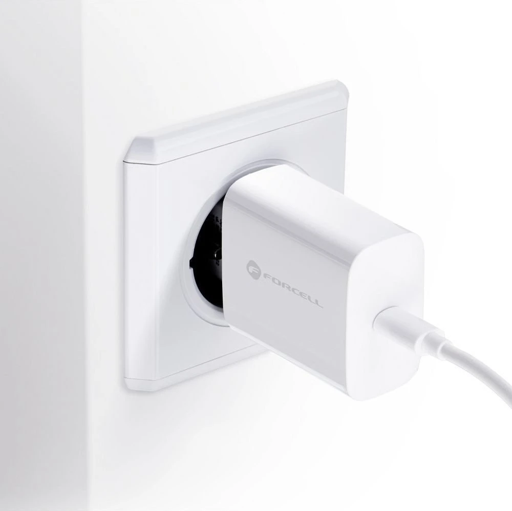 Įkroviklis Forcell + "USB-C (Type-C) to USB-C (Type-C)" (1xUSB-C 3A 25W) baltas