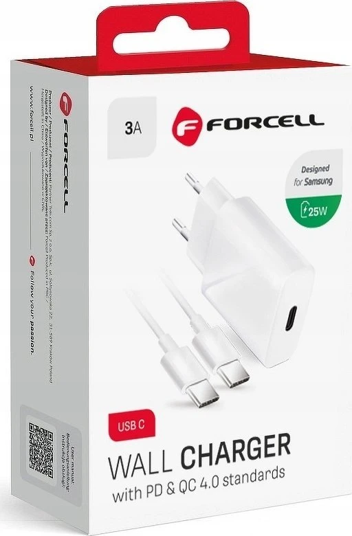 Įkroviklis Forcell + "USB-C (Type-C) to USB-C (Type-C)" (1xUSB-C 3A 25W) baltas
