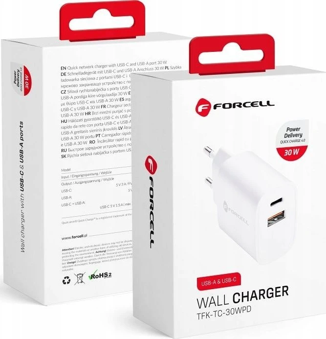Įkroviklis Forcell (1xUSB-C;1xUSB 3A 30W) baltas