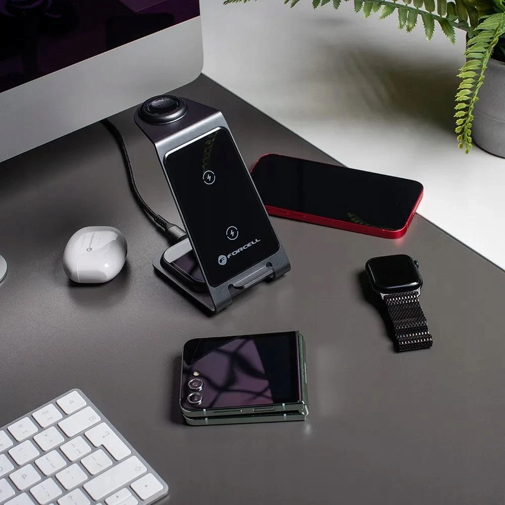 Forcell F-Energy 3in1 Simply Charge indukcinis įkroviklis, aliuminis, suderinamas su Apple Watch ir Samsung Watch, pilkas