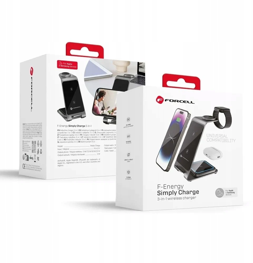 Forcell F-Energy 3in1 Simply Charge indukcinis įkroviklis, aliuminis, suderinamas su Apple Watch ir Samsung Watch, pilkas