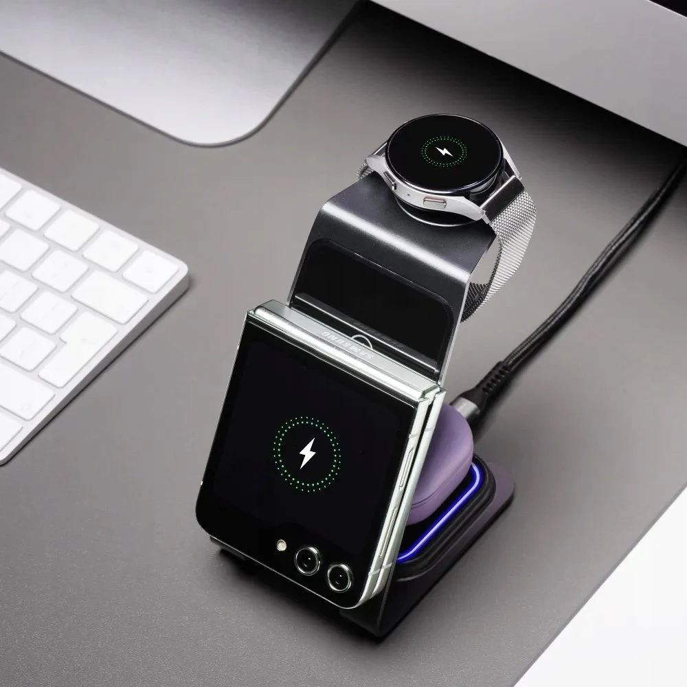 Forcell F-Energy 3in1 Simply Charge indukcinis įkroviklis, aliuminis, suderinamas su Apple Watch ir Samsung Watch, pilkas