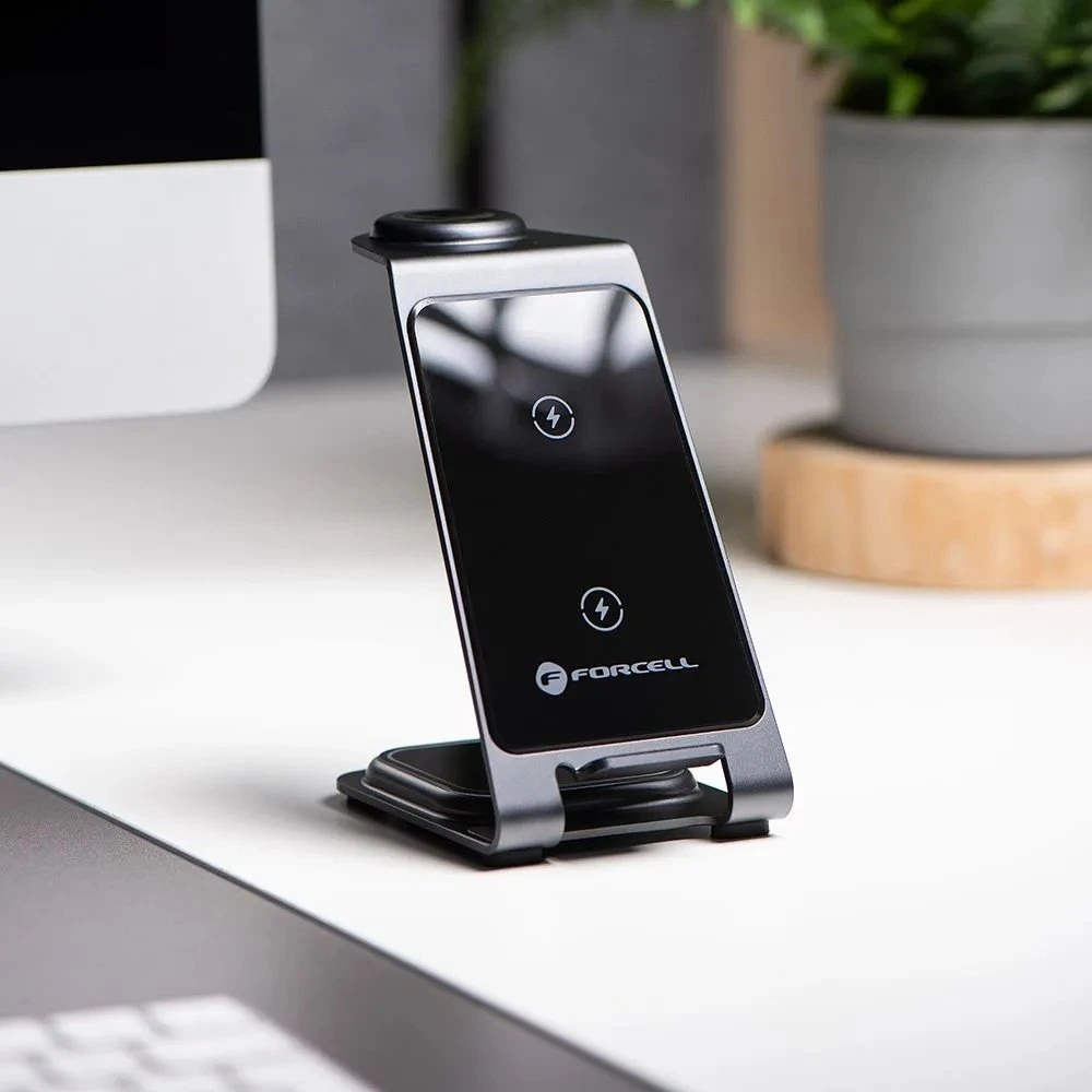 Forcell F-Energy 3in1 Simply Charge indukcinis įkroviklis, aliuminis, suderinamas su Apple Watch ir Samsung Watch, pilkas