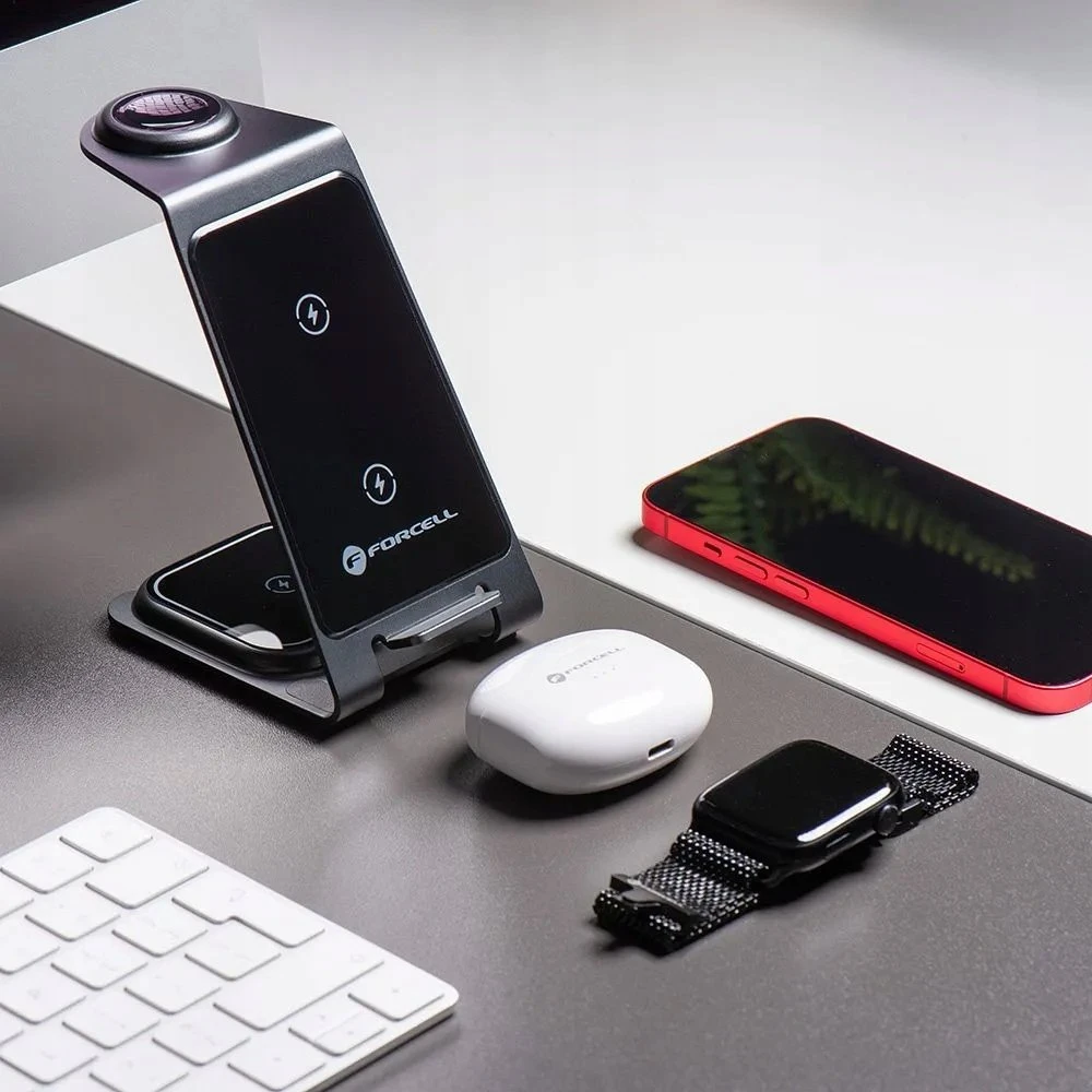 Forcell F-Energy 3in1 Simply Charge indukcinis įkroviklis, aliuminis, suderinamas su Apple Watch ir Samsung Watch, pilkas