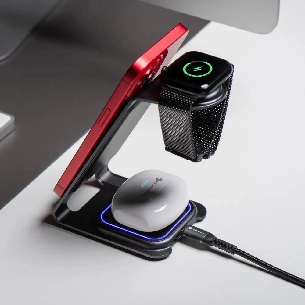 Forcell F-Energy 3in1 Simply Charge indukcinis įkroviklis, aliuminis, suderinamas su Apple Watch ir Samsung Watch, pilkas