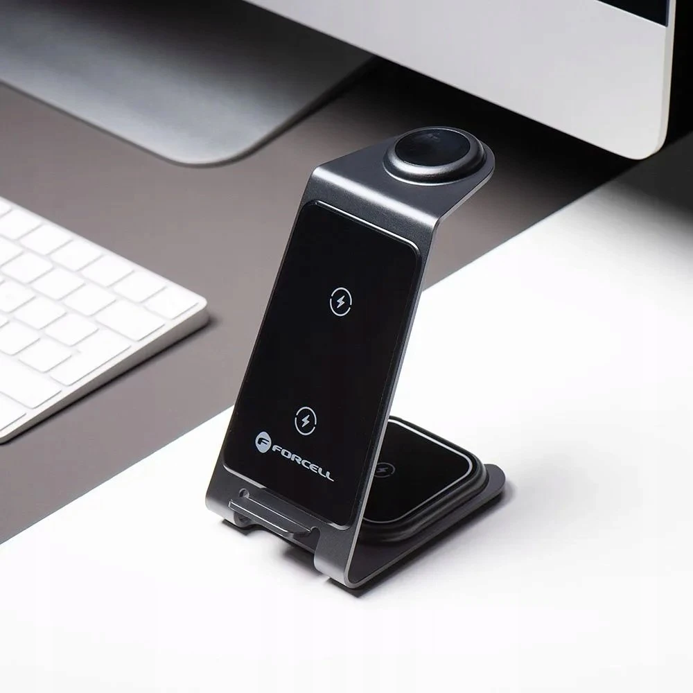 Forcell F-Energy 3in1 Simply Charge indukcinis įkroviklis, aliuminis, suderinamas su Apple Watch ir Samsung Watch, pilkas