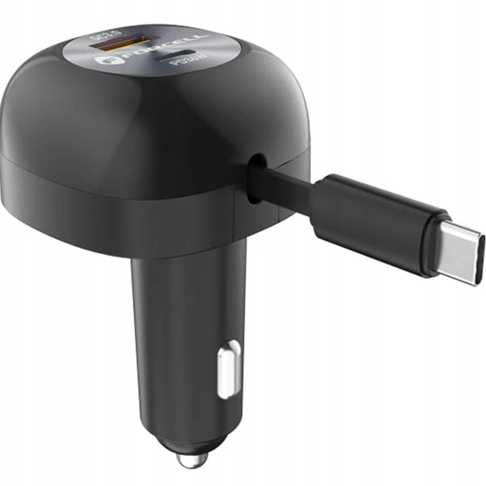 Automobilinis įkroviklis Forcell F-Energy Alu USB C + USB A + ištraukiamas laidas USB C PD QC4.0 SFC2.0 3A 75W juodas