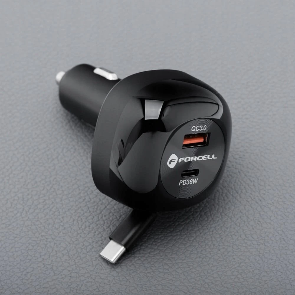 Automobilinis įkroviklis Forcell F-Energy Alu USB C + USB A + ištraukiamas laidas USB C PD QC4.0 SFC2.0 3A 75W juodas