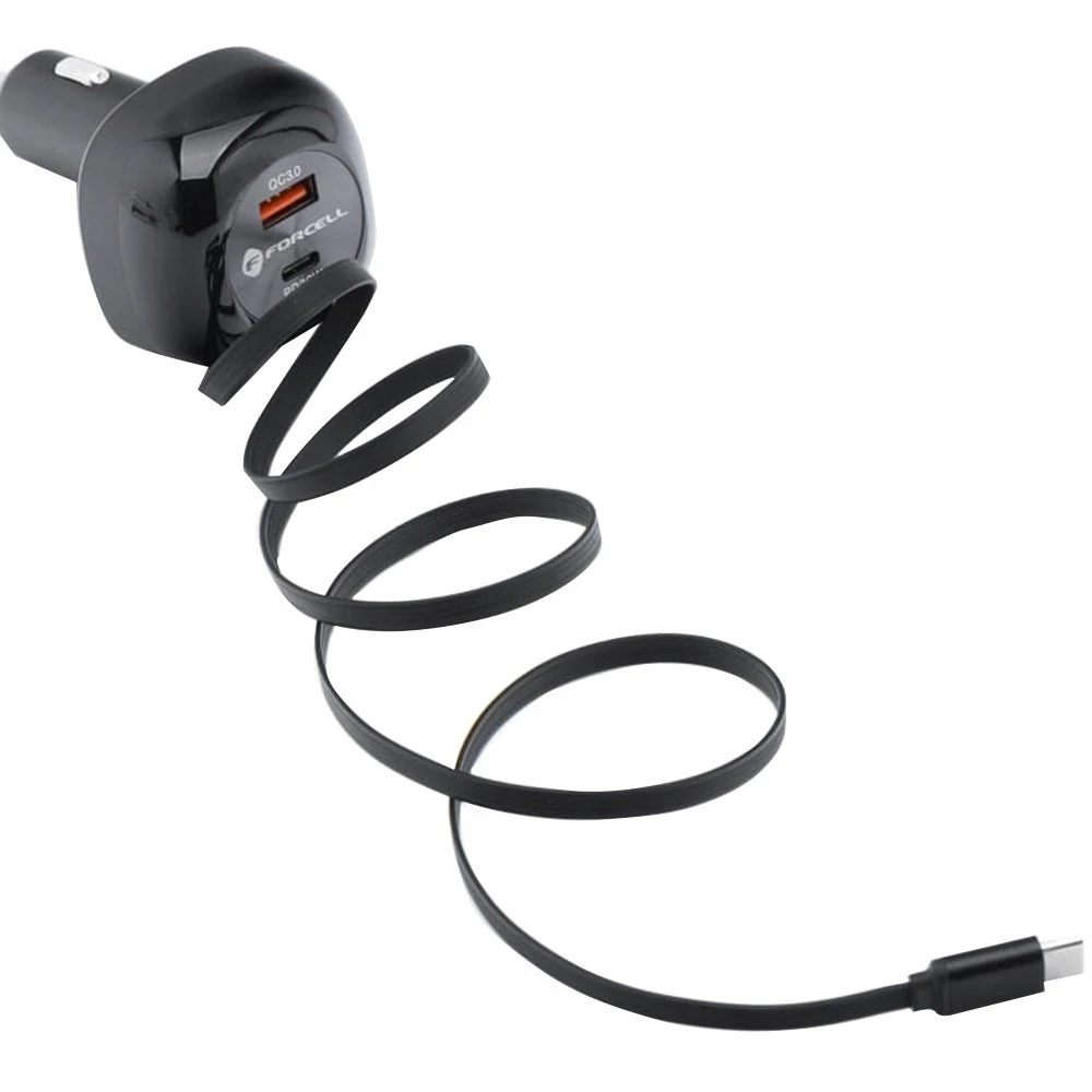 Automobilinis įkroviklis Forcell F-Energy Alu USB C + USB A + ištraukiamas laidas USB C PD QC4.0 SFC2.0 3A 75W juodas