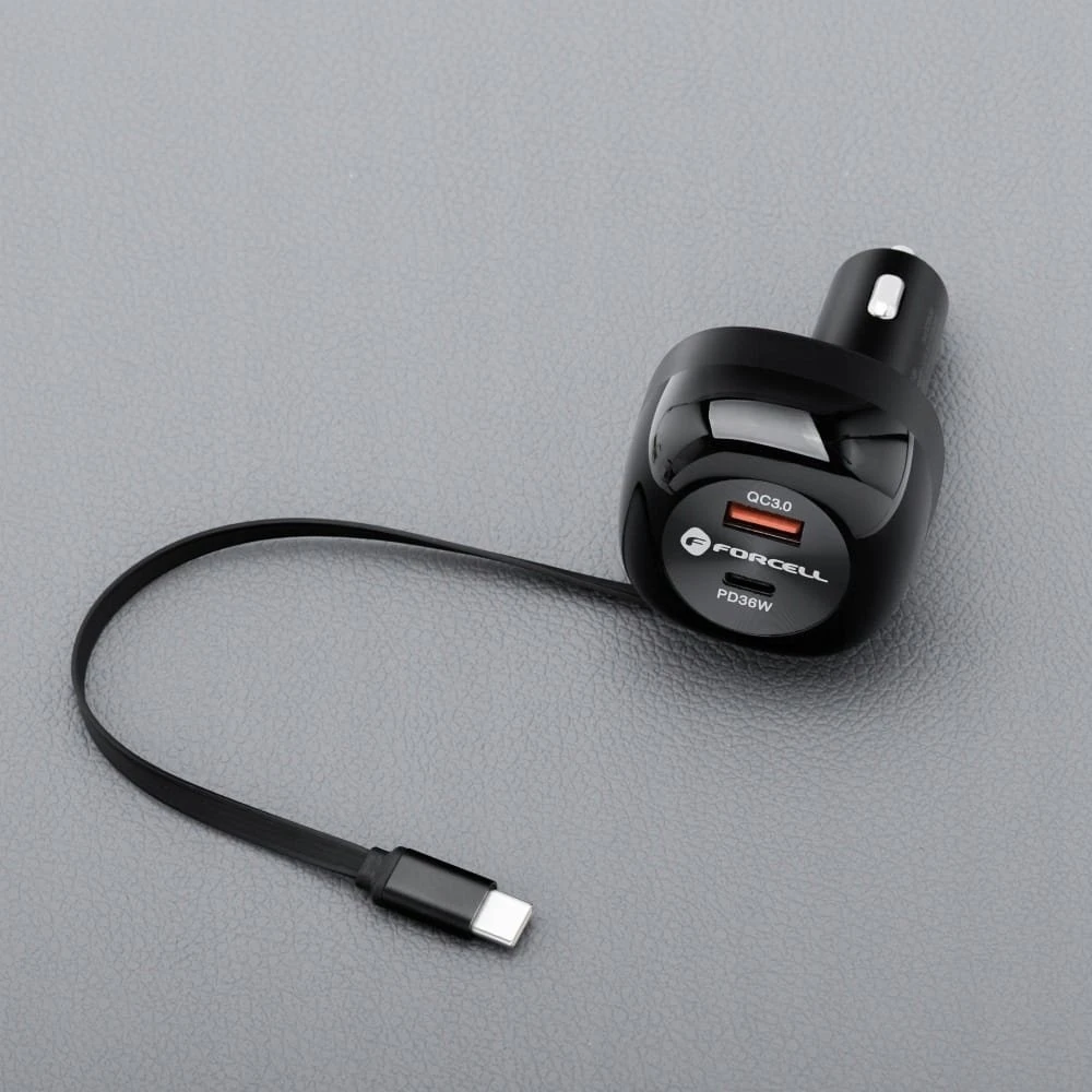 Automobilinis įkroviklis Forcell F-Energy Alu USB C + USB A + ištraukiamas laidas USB C PD QC4.0 SFC2.0 3A 75W juodas