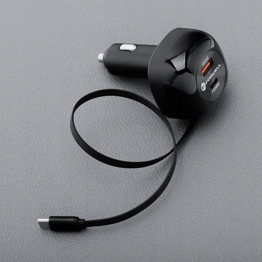 Automobilinis įkroviklis Forcell F-Energy Alu USB C + USB A + ištraukiamas laidas USB C PD QC4.0 SFC2.0 3A 75W juodas