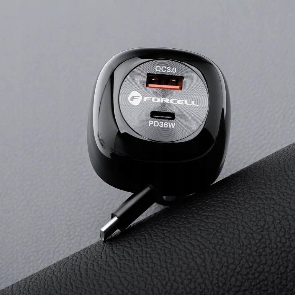 Automobilinis įkroviklis Forcell F-Energy Alu USB C + USB A + ištraukiamas laidas USB C PD QC4.0 SFC2.0 3A 75W juodas
