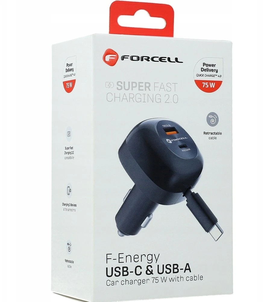 Automobilinis įkroviklis Forcell F-Energy Alu USB C + USB A + ištraukiamas laidas USB C PD QC4.0 SFC2.0 3A 75W juodas