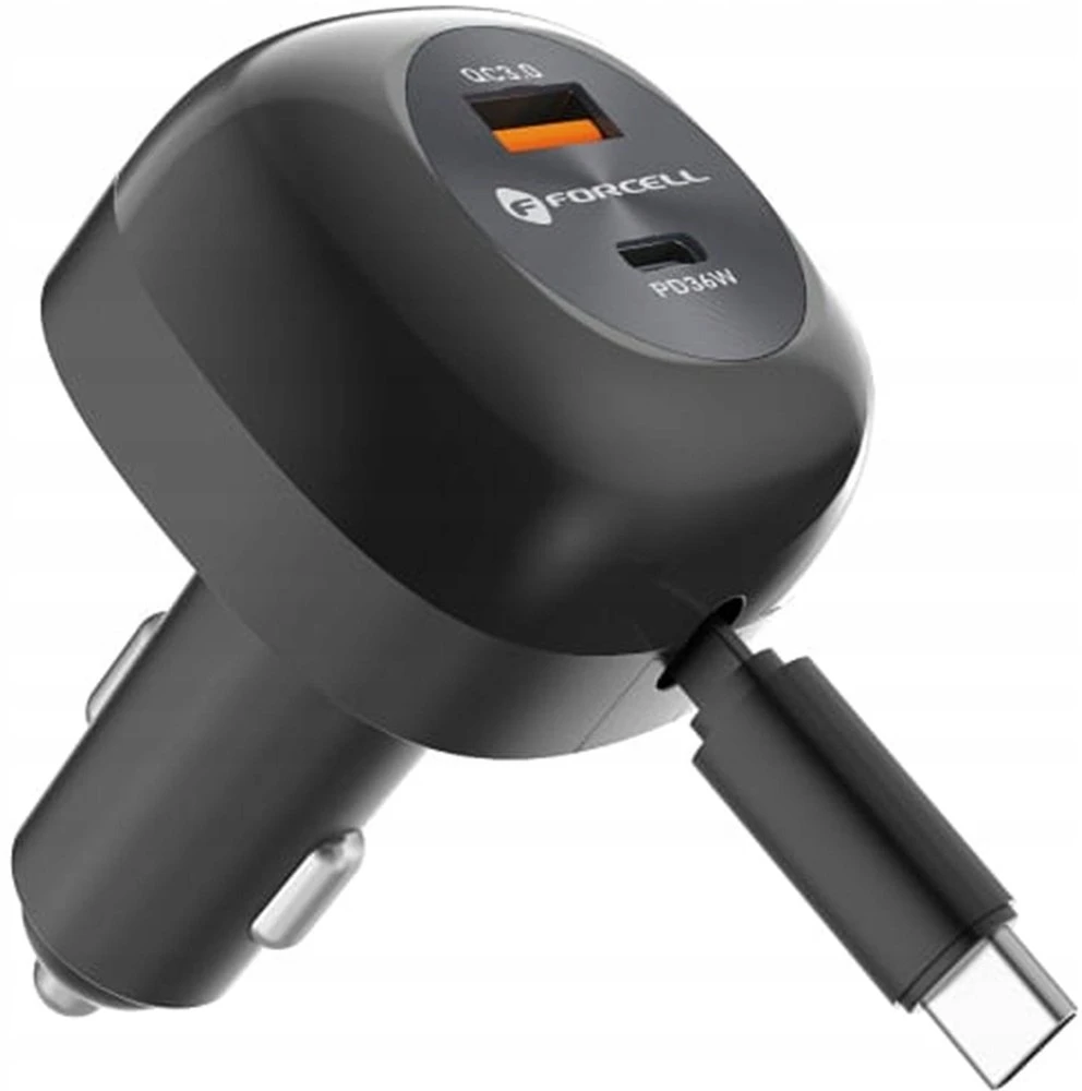 Automobilinis įkroviklis Forcell F-Energy Alu USB C + USB A + ištraukiamas laidas USB C PD QC4.0 SFC2.0 3A 75W juodas