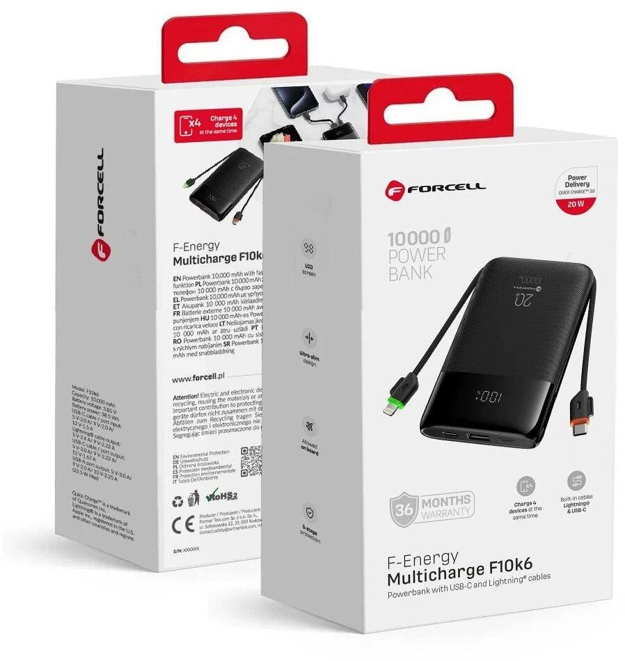 FORCELL F-ENERGY F10K6 daugiafunkcis nešiojamas įkroviklis su įmontuotais C tipo ir „Lightning“ laidais PD QC3.0 3A 22,5W 10000 mAh juodas