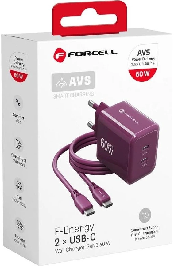 Telefono įkroviklis Forcell F-Energy GaN III Crystal Color 2x USB C AVS SSFC3.0 60W + silikoninis laidas USB C į USB C VT-60 bordo