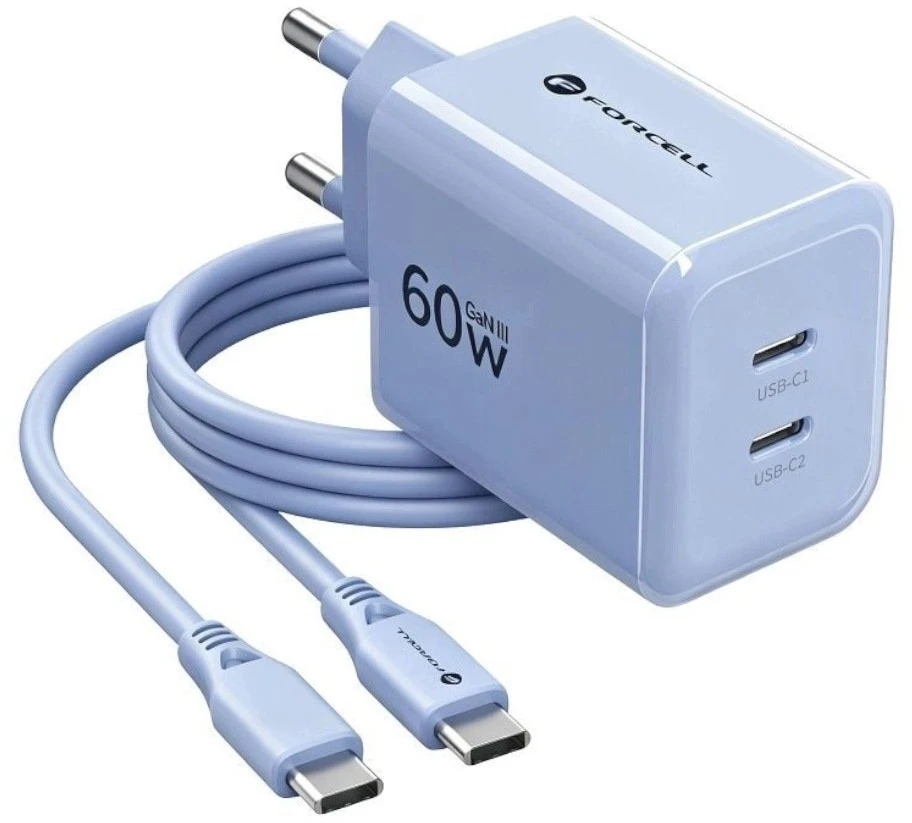 Telefono įkroviklis Forcell F-Energy GaN III Crystal Color 2x USB C AVS SSFC3.0 60W + silikoninis kabelis USB C į USB C VT-60 šviesiai mėlynas