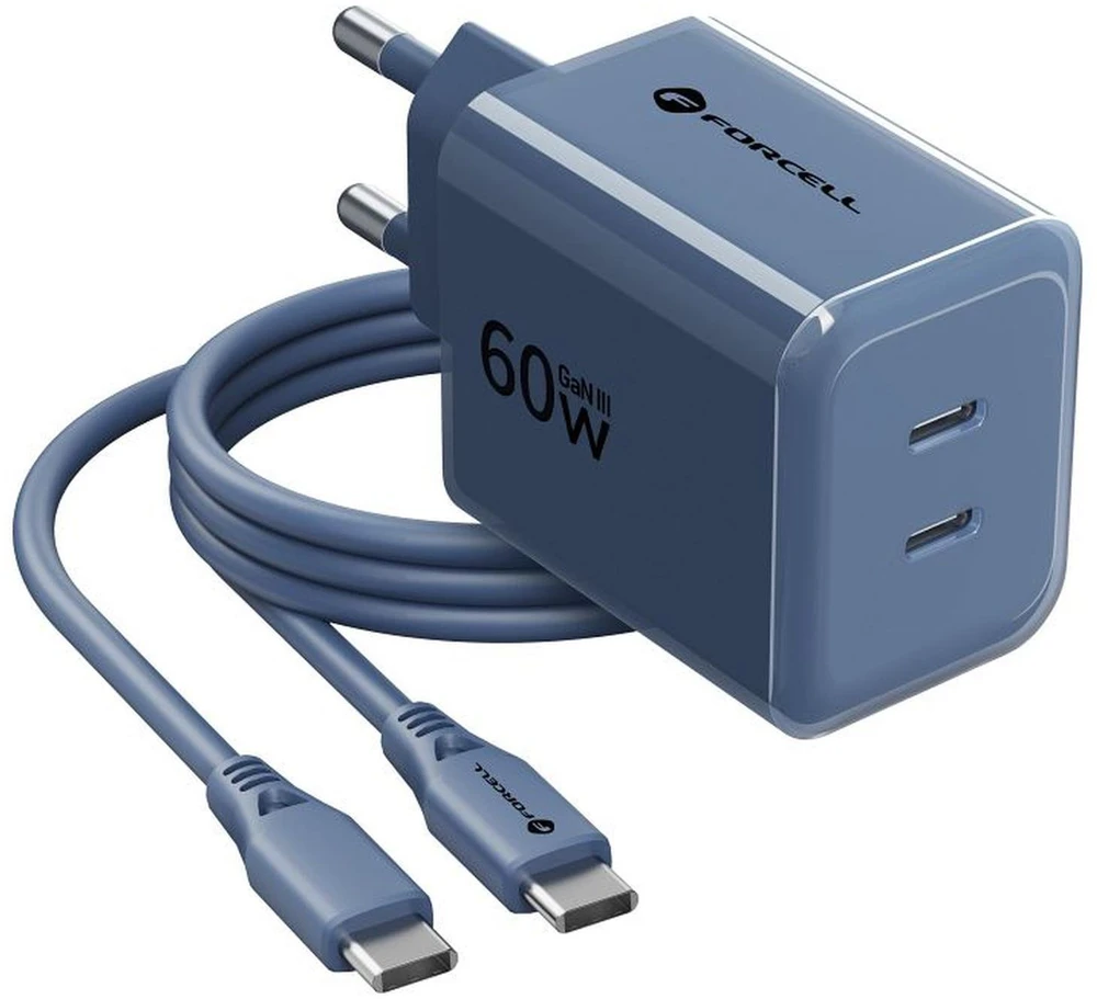Telefono įkroviklis Forcell F-Energy GaN III Crystal Color 2x USB C AVS SSFC3.0 60W + silikoninis laidas USB C į USB C VT-60 tamsi mėlynas