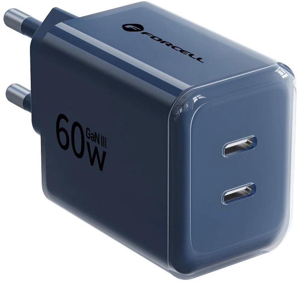 Telefono įkroviklis Forcell F-Energy GaN III Crystal Color 2x USB C AVS SSFC3.0 60W + silikoninis laidas USB C į USB C VT-60 tamsi mėlynas