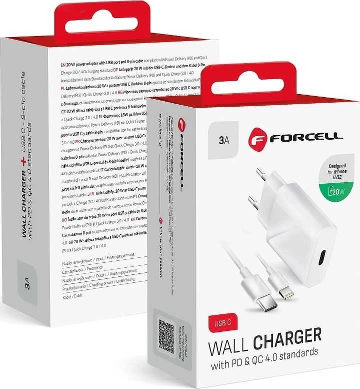 PTC Forcell 230V sieninis įkroviklis su USB Type-C, žaibo (APPLE) laidu 3A 20W su PD ir QC 4.0 įkrovimo funkcija