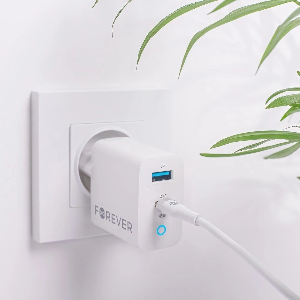 TelForceone Forever TC-06-45AC GaN PD QC įkroviklis 1x USB-C 1x USB 45W baltas